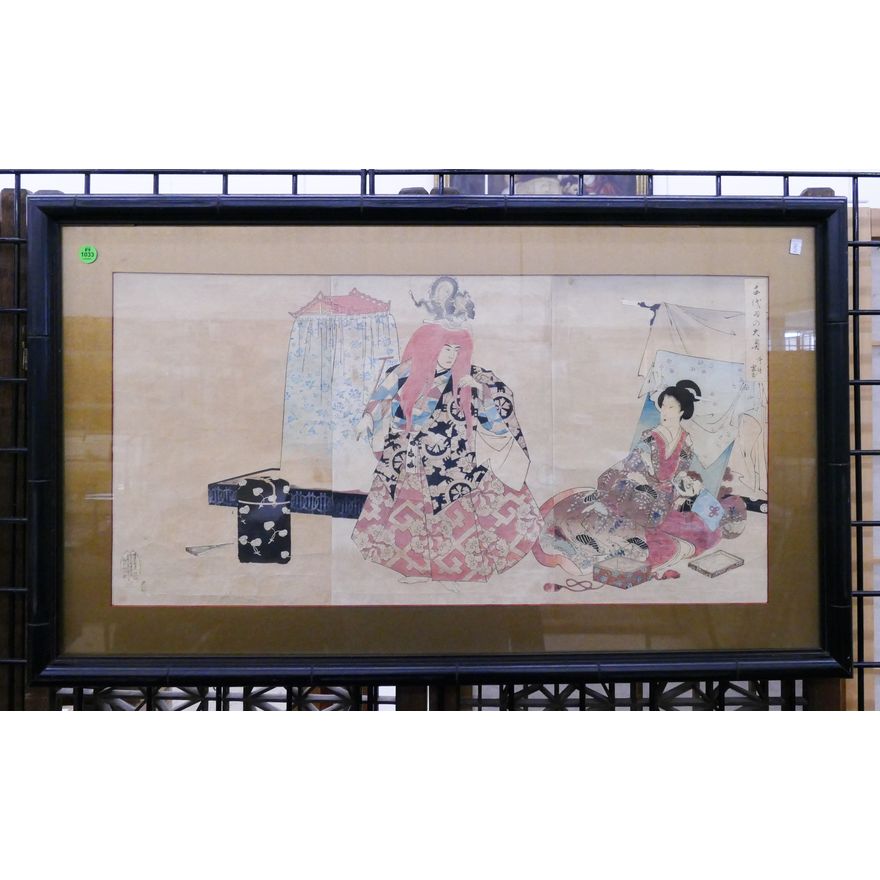 Framed Meiji Japanese Triptych Woodblock- 20x34'' (NAB)