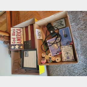 2 Boxes of thread, Patriotic decorations and misc.