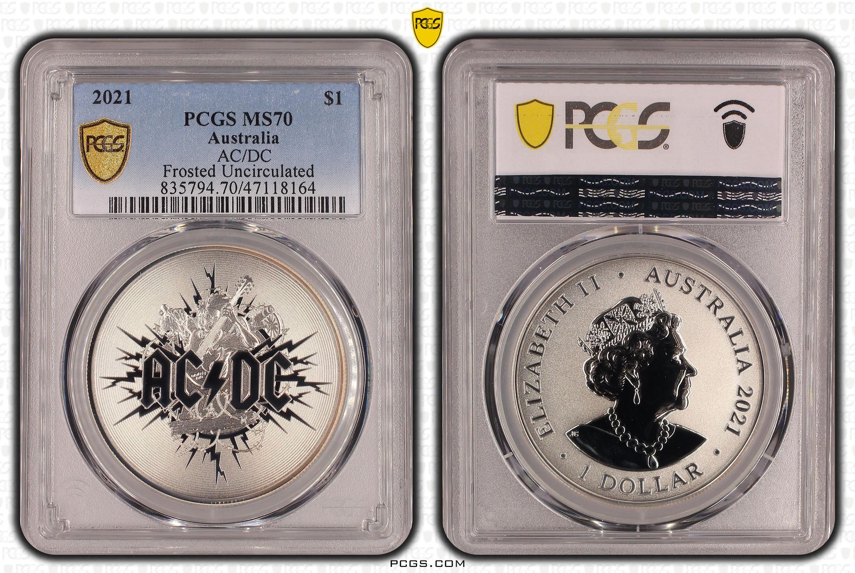 AC/DC - Frosted Uncirculated, One Dollar, 2021, PCGS MS 70