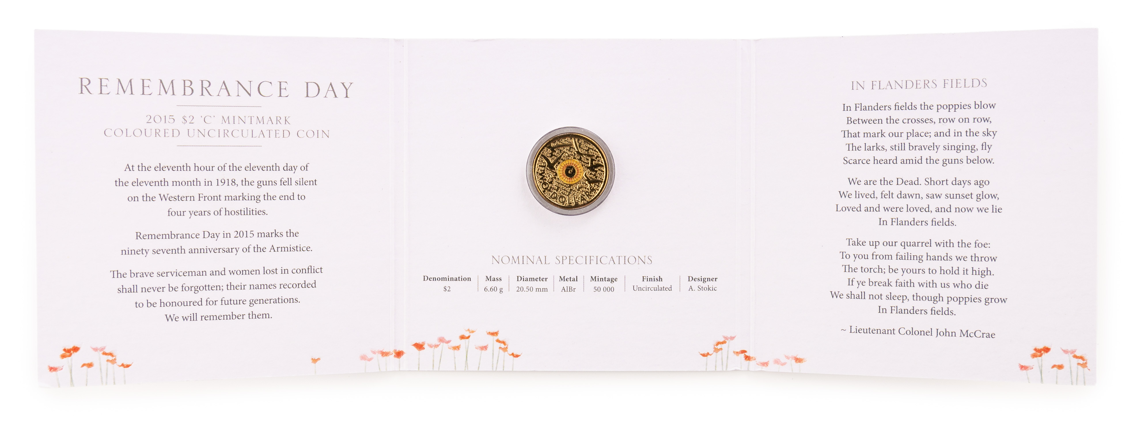 Elizabeth II, RAM - Remembrance Day, Two Dollars, 2015-C, UNC