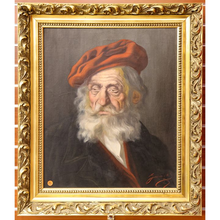 Italian ''Man with Red Cap'' Portrait Oil Painting Gilt Framed 30''x26''