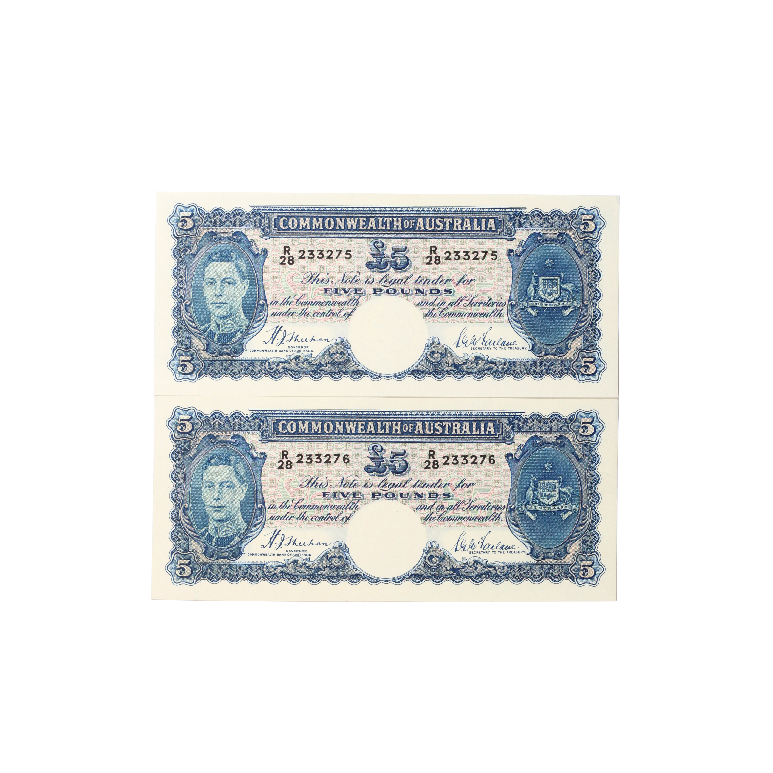 1907. · Consecutive Pair, Sheehan/MacFarlane,  Five Pounds, 1939, aUNC