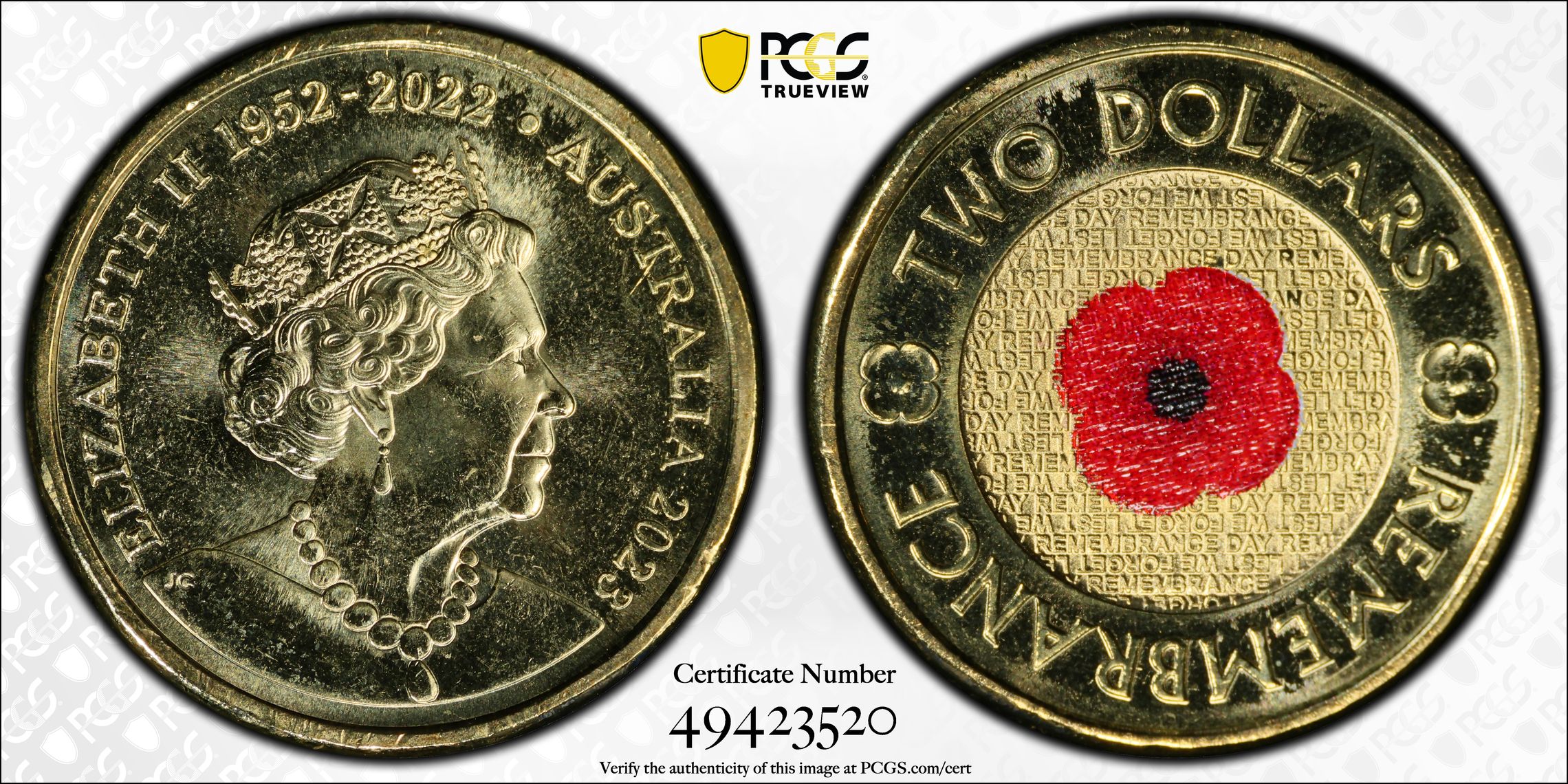 35th Ann $2 Coin Set Colourised Remembrance Red Poppy, Two Dollar, 2023, PCGS MS66