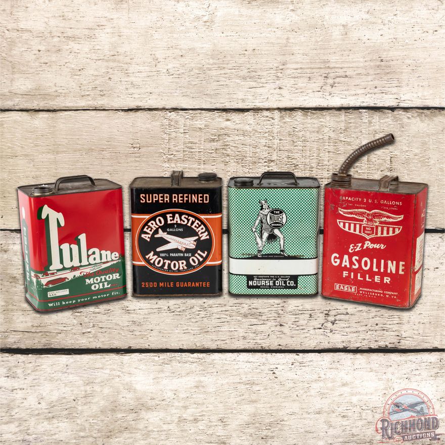 Group of Four 2 Gallon Motor Oil Cans Tulane Nourse Aero Eastern