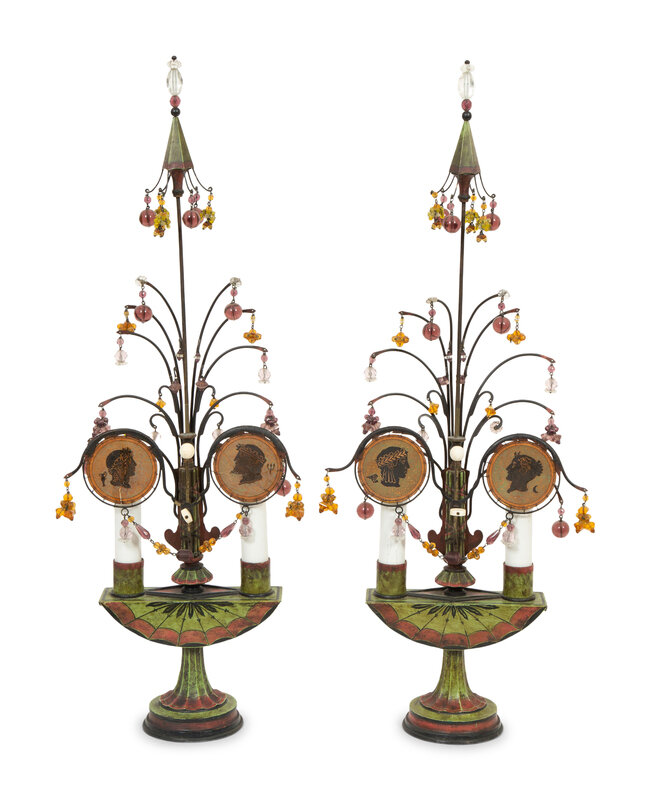 A Pair of Tole Peinte Two-Light Candelabra