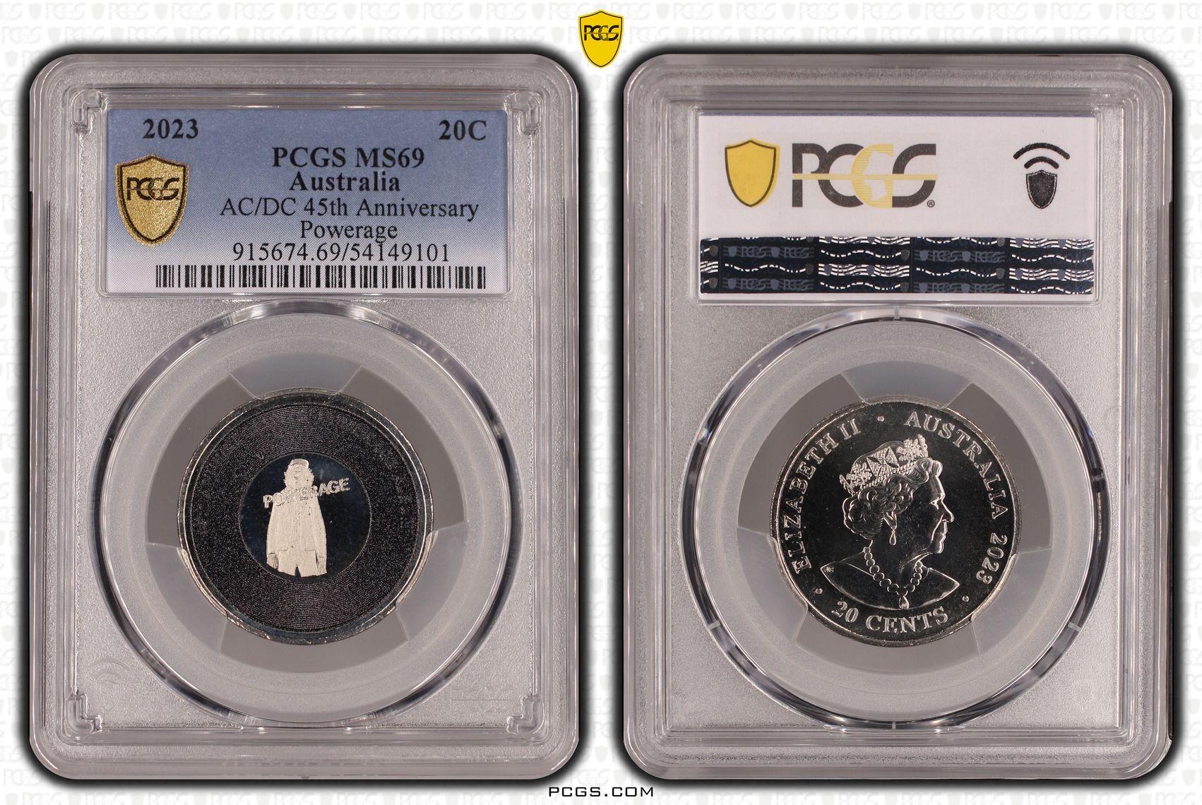 109 · AC/DC 45th Anniversary Powerage, POP 13/0, Twenty Cent, 2023, PCGS MS69
