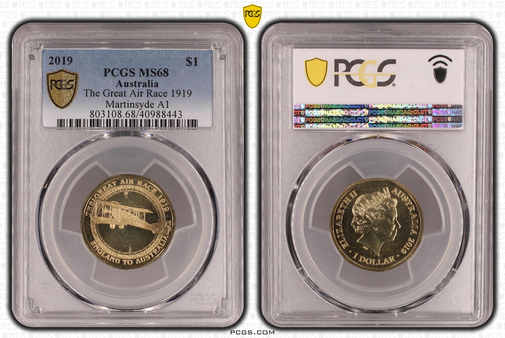 410 · 2019 Australia One Dollar, $1 The Great Air Race 1919 Martinsyde A1 PCGS - MS68 POP 5/0 -443