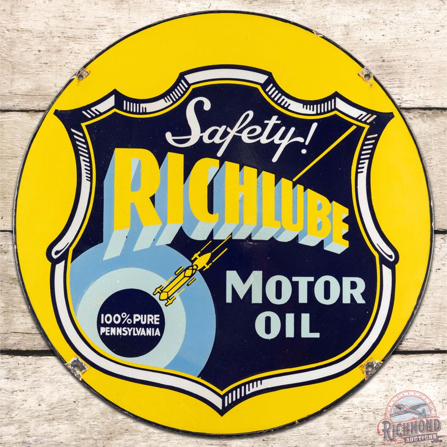 Safety! Richlube Motor Oil 24" DS Porcelain Sign w/ Race Car
