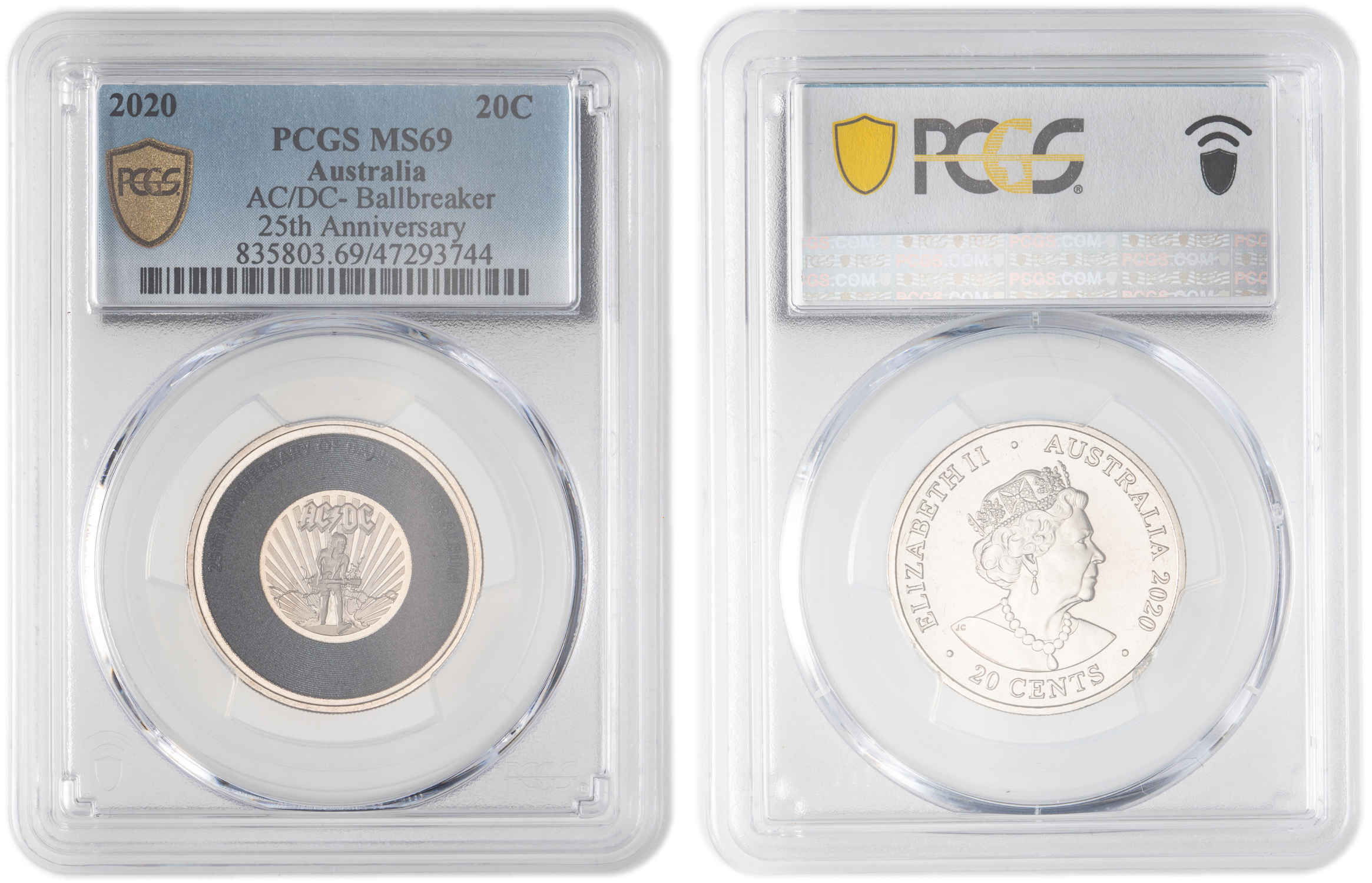Elizabeth II, AC/DC- Ballbreaker 25th Anniversary, Twenty Cent, 2020, PCGS MS69