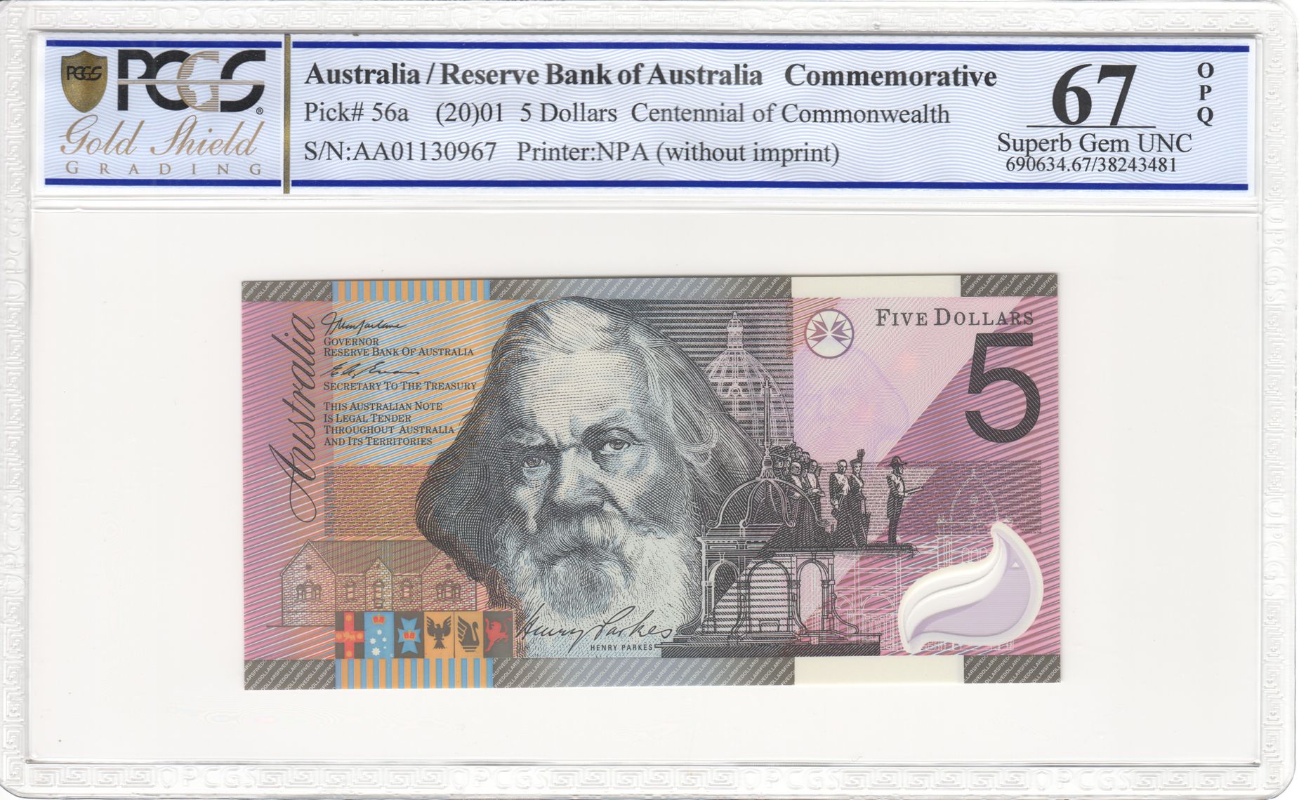 2001 Australia $5 Banknote Macfarlane/Evans First Prefix Superb Gem UNC 67 PPQ PCGS