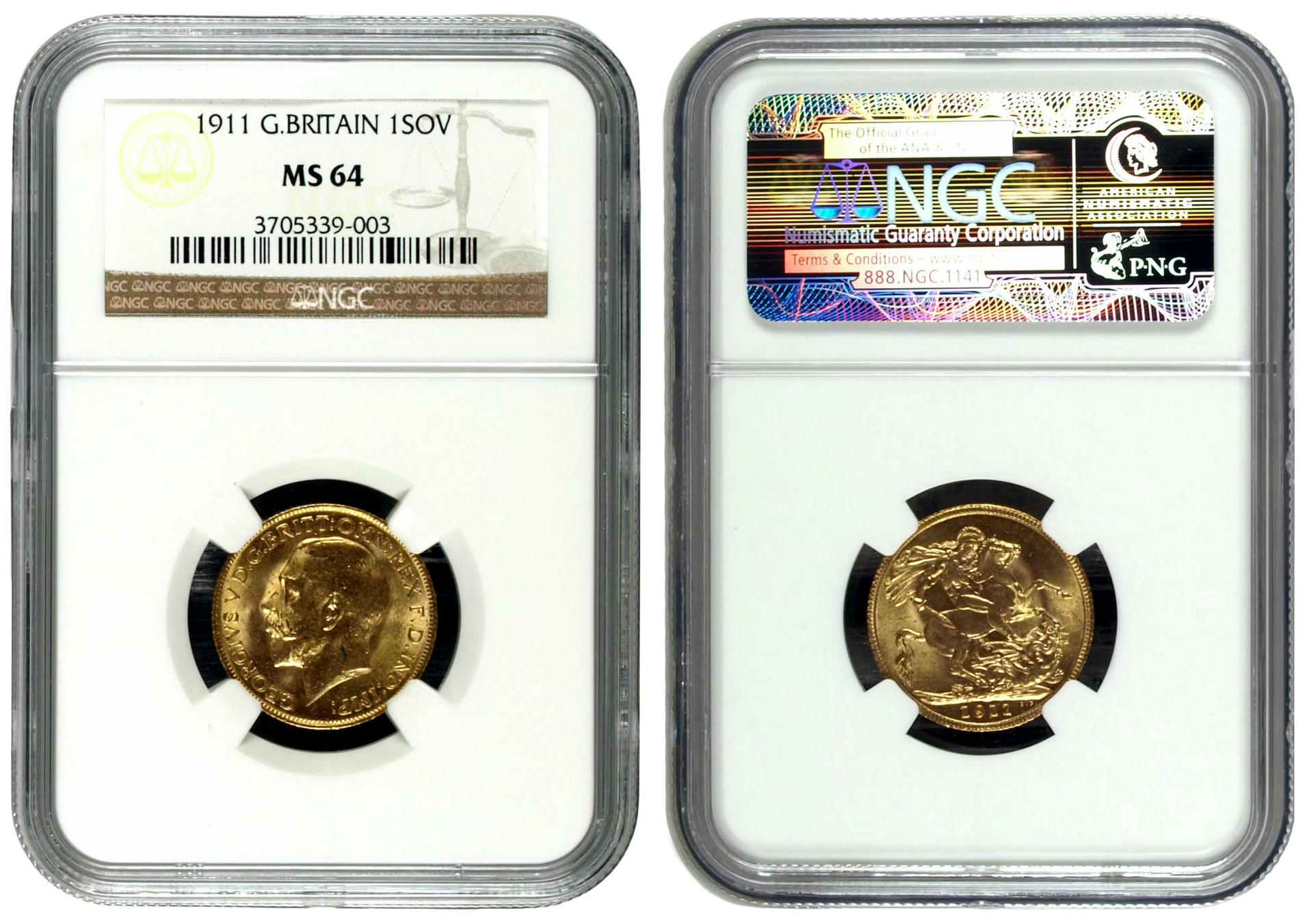 Great Britain, George V, St George Reverse, Sovereign, 1911, NGC MS64