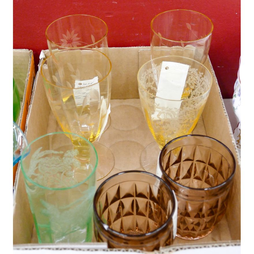 2 Boxes Etched Colored Glassware etc.