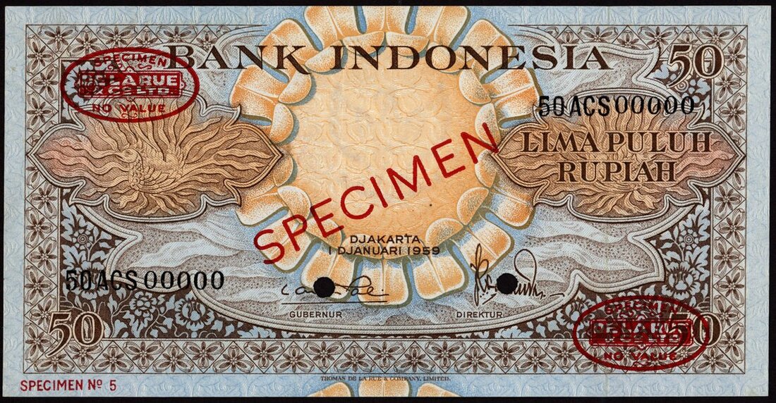 Bank Indonesia, specimen 50 rupiah, 1959, zero serial numbers, (Pick ...