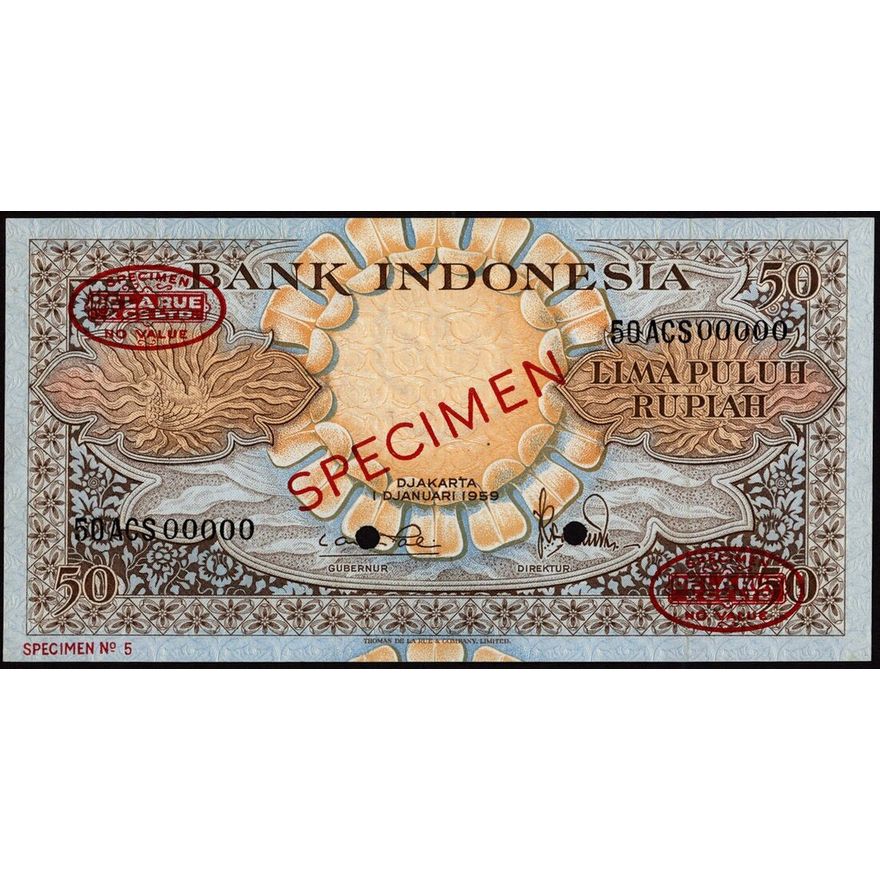 Bank Indonesia, specimen 50 rupiah, 1959, zero serial numbers, (Pick ...