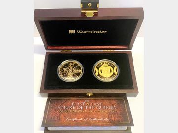 2013 QEII JERSEY AND GUERNSEY GOLD PROOF 5 POUND SET CELEBRATING THE FIRST AND LAST GUINEA.