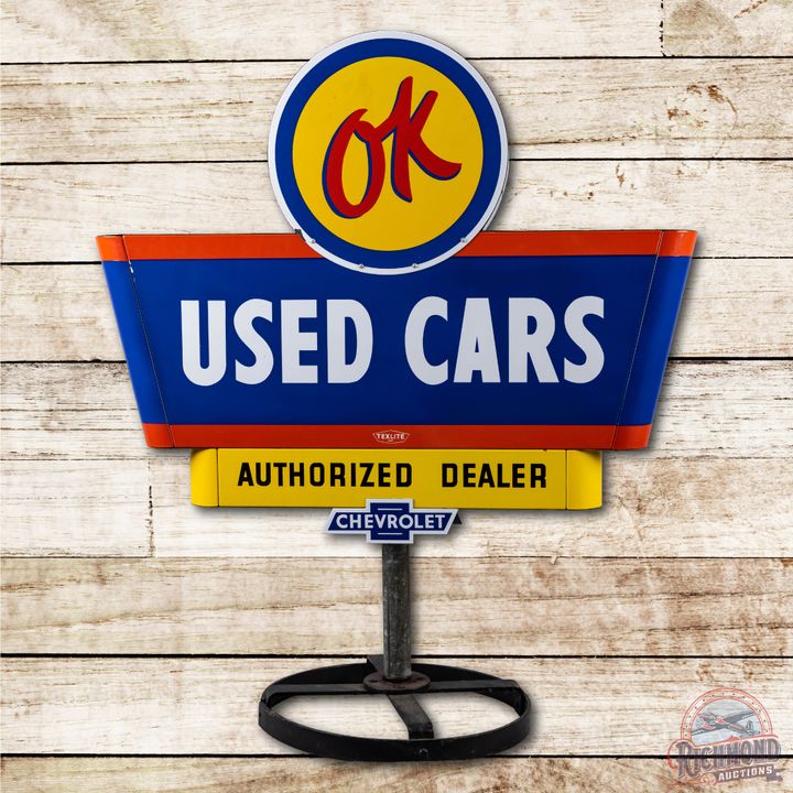NOS Chevrolet OK Used Cars Authorized Dealer Double Bullnose Porcelain Sign