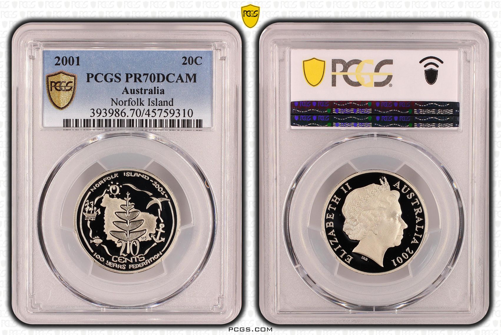Elizabeth II, Norfolk Island, Twenty Cent, 2001, PCGS PR70DCAM