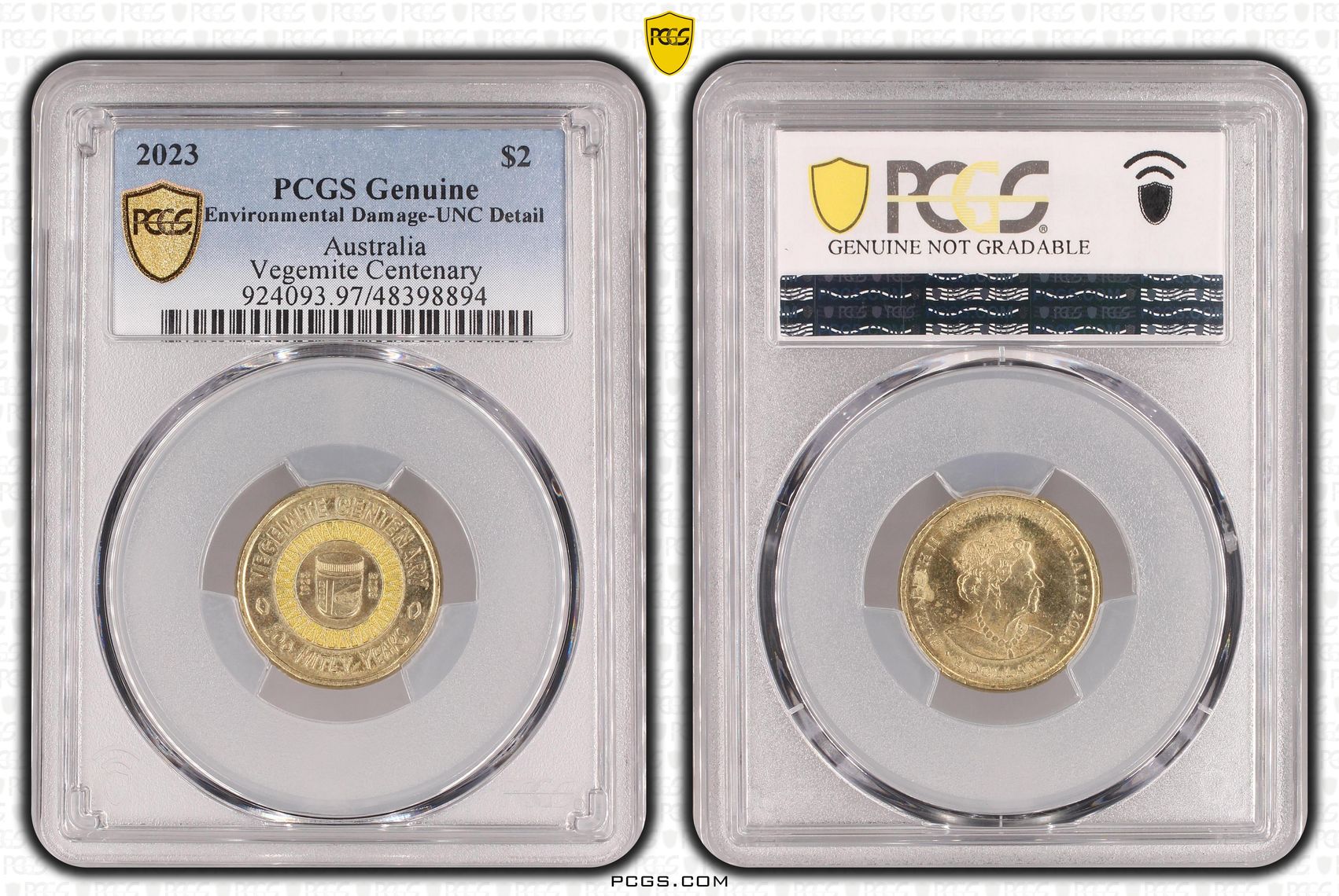 Elizabeth II, Vegemite Centenary Colorized, Two Dollar, 2023, PCGS Genuine - UNC Details (97 - Environmental Damage)