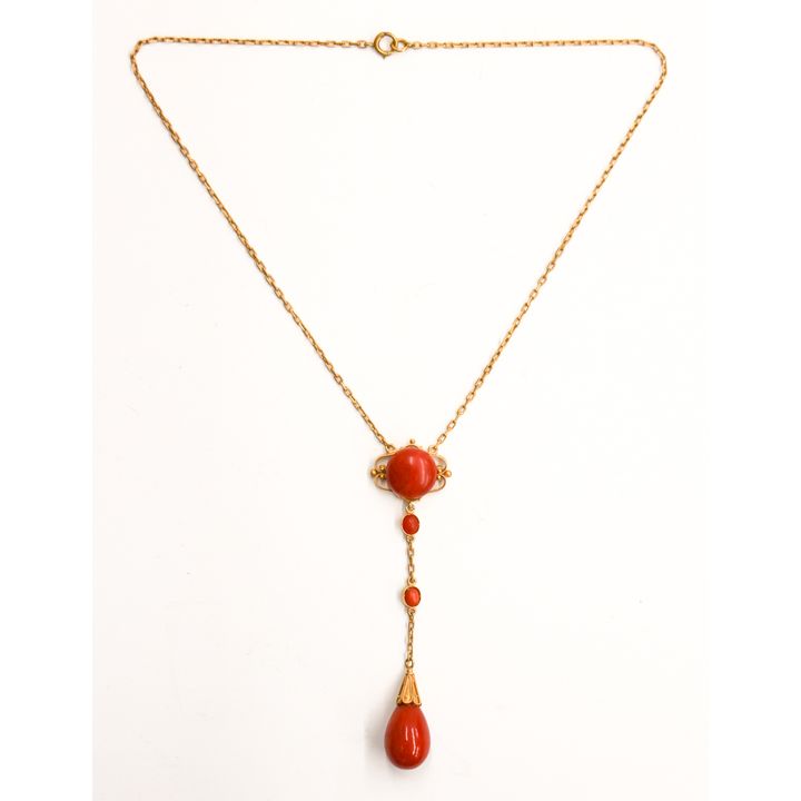 Edwardian 14k Red Coral Lavalier Necklace