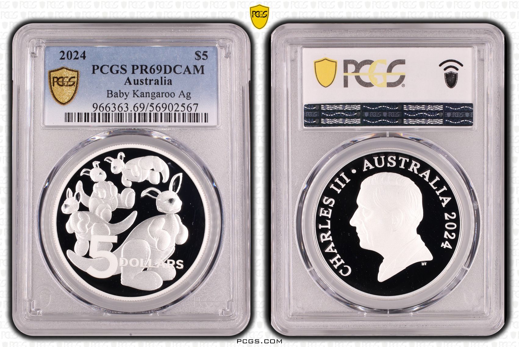 Baby Kangaroo Ag, Five Dollar, 2024, PCGS PR69DCAM
