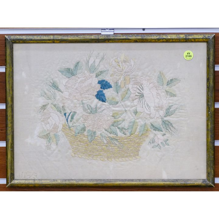 Antique Silk Work Basket of Flowers Framed- 12x16''