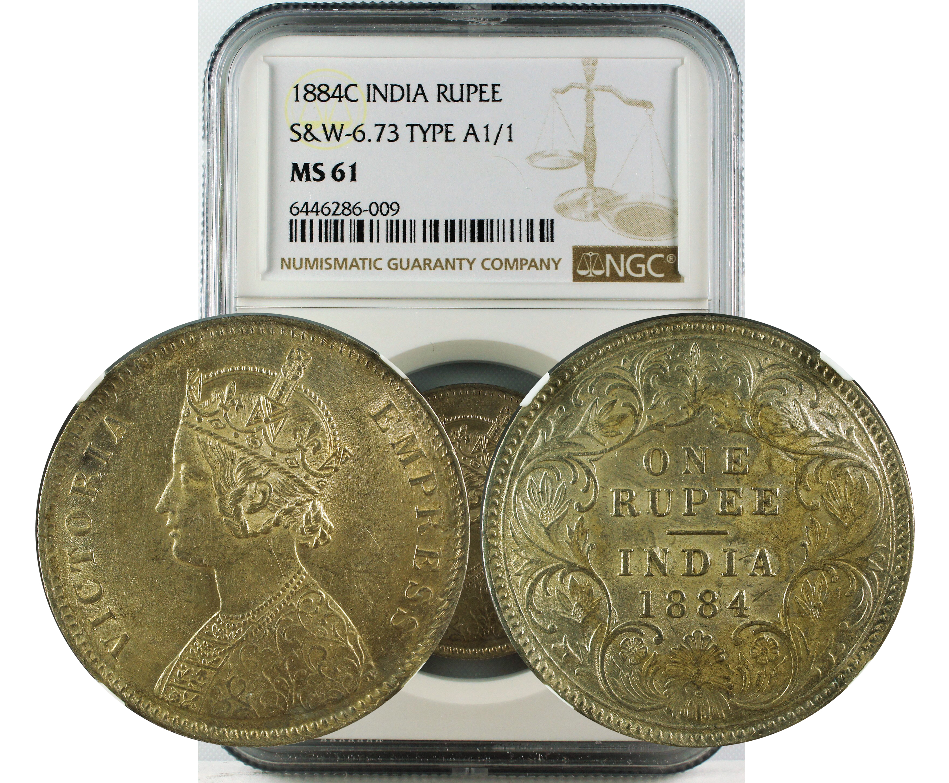 1884 C INDIA RUPEE S&W 6.73 TYPE A1/1 MS61