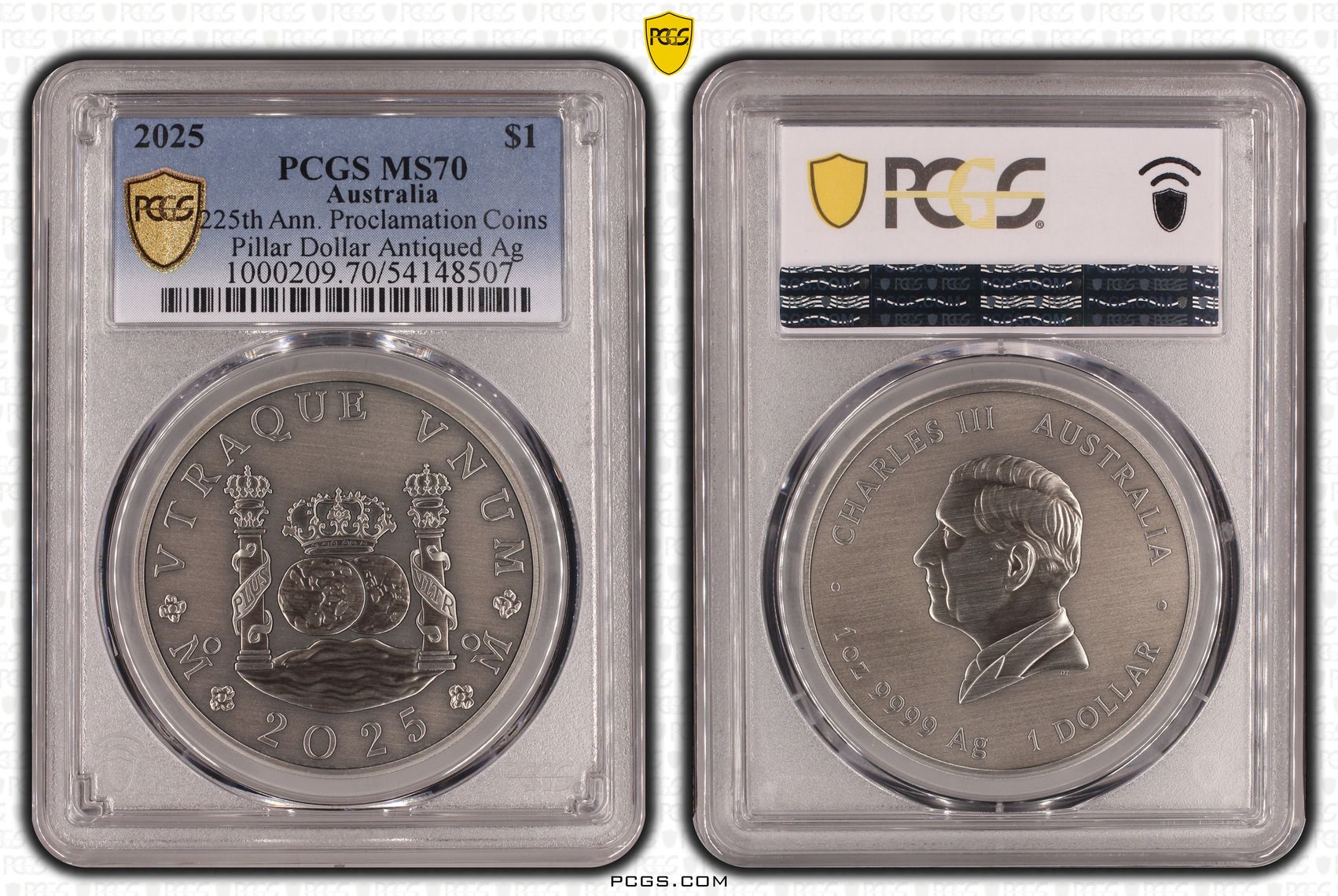 225th Ann. Proclamation Coins Pillar Dollar Antiqued Ag, POP 5/0, One Dollar, 2025, PCGS MS70