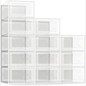 FLEX DUO KALIGLAM SEE SPRING X-LARGE SHOE STORAGE BOX FIT SIZE 11, CLEAR PLASTIC STACKABLE SHOE ORGANIZER FOR CLOSET, SPACE SAVING