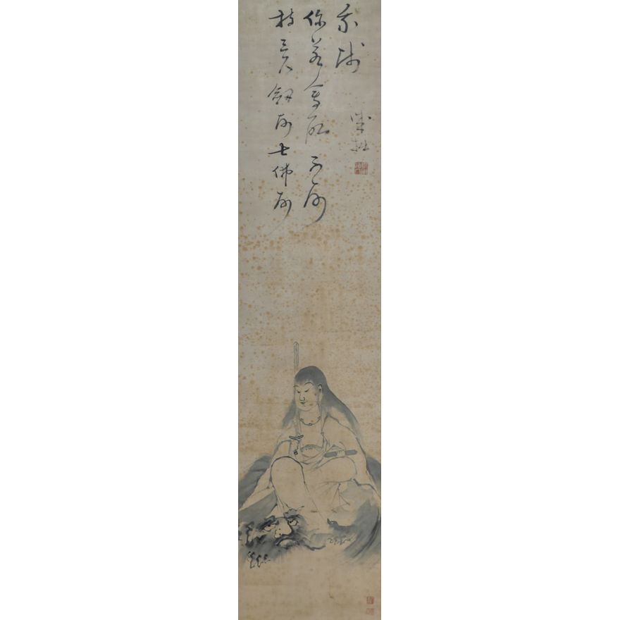 Meiji Japanese Deity with Sword Scroll Painting 48''x11.5''