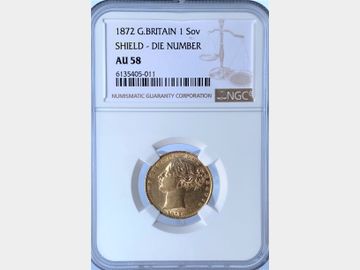 1872 VICTORIA YOUNG HEAD LONDON MINT SHIELD GOLD SOVEREIGN AU58
