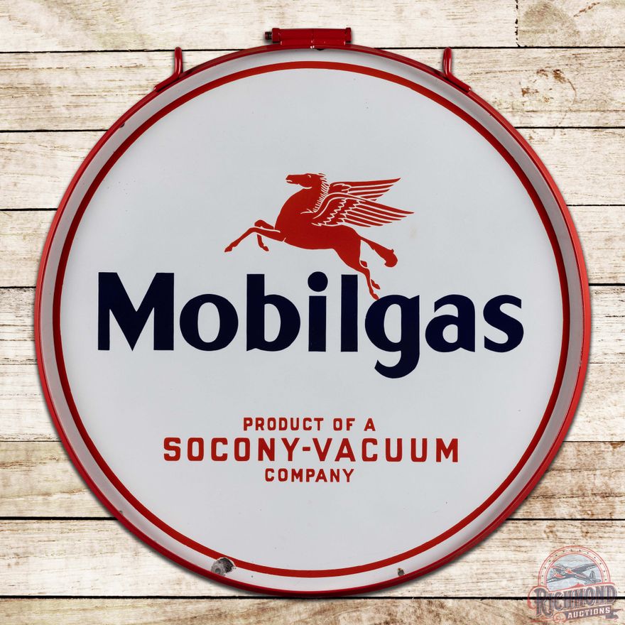 Superb Mobilgas Socony-Vacuum 30" Double Sided Porcelain Sign w/ Ring & Pegasus