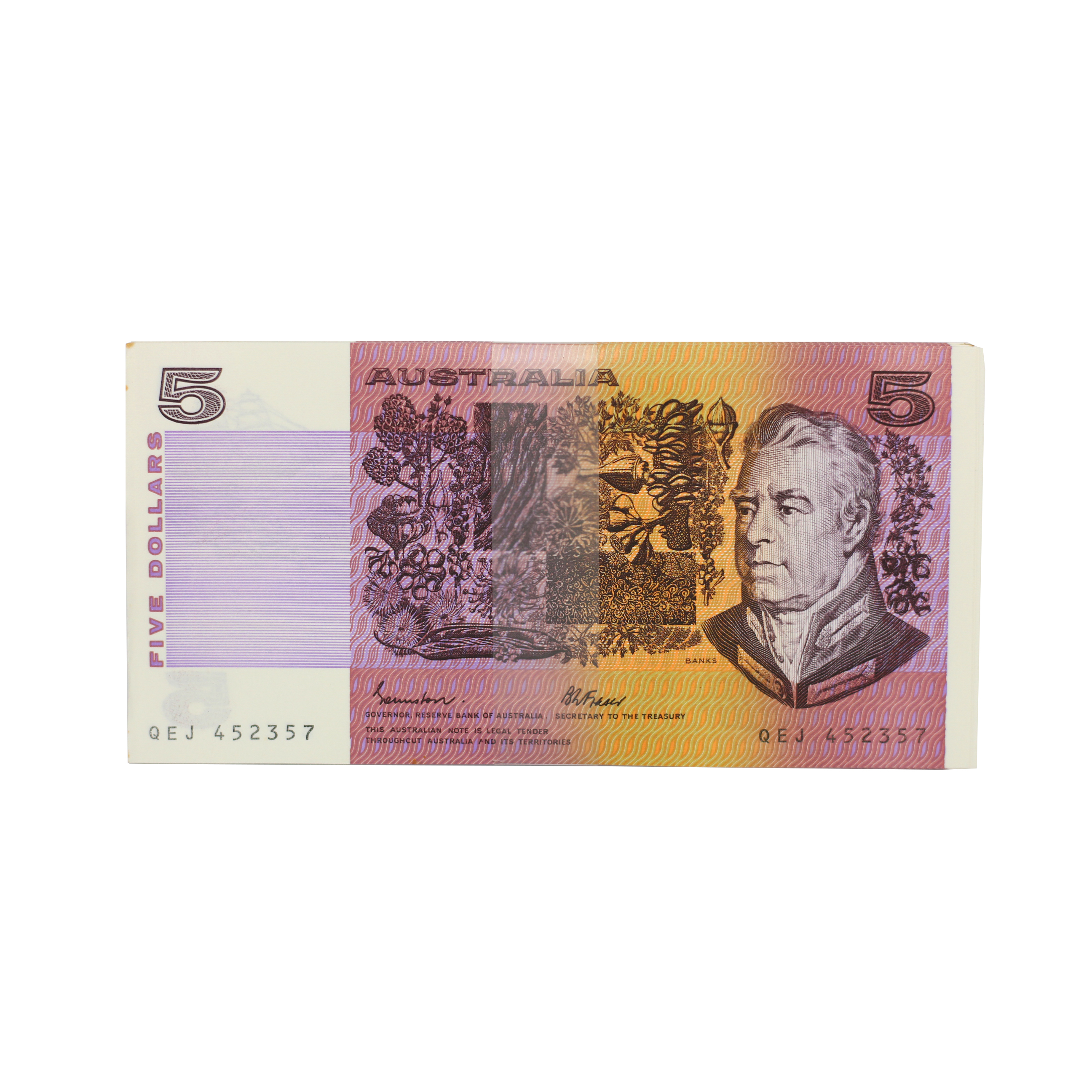 2126. · Bundle, Johnston/Fraser, Five Dollars,  1985, UNC