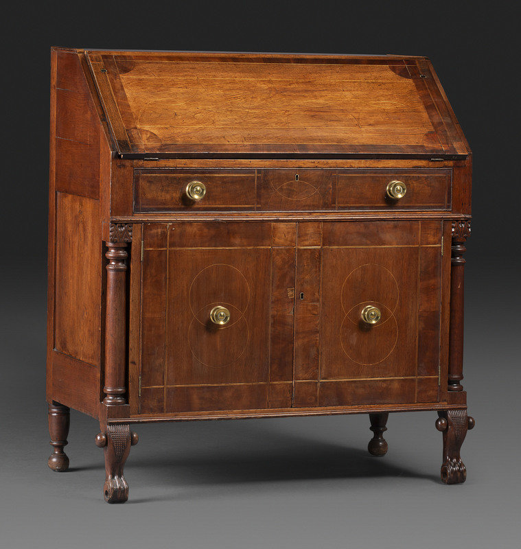 A Late Federal String Inlaid Walnut Slant-Front Secretary Desk