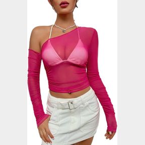 FALAINETEE WOMEN'S SEXY LONG SLEEVE ASYMMETRICAL NECK SHEER MESH CUT OUT Y2K CROP BLOUSE TOPS SZ SMALL