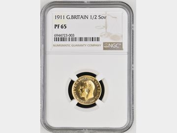 1911 GEORGE V PROOF GOLD HALF SOVEREIGN PF65