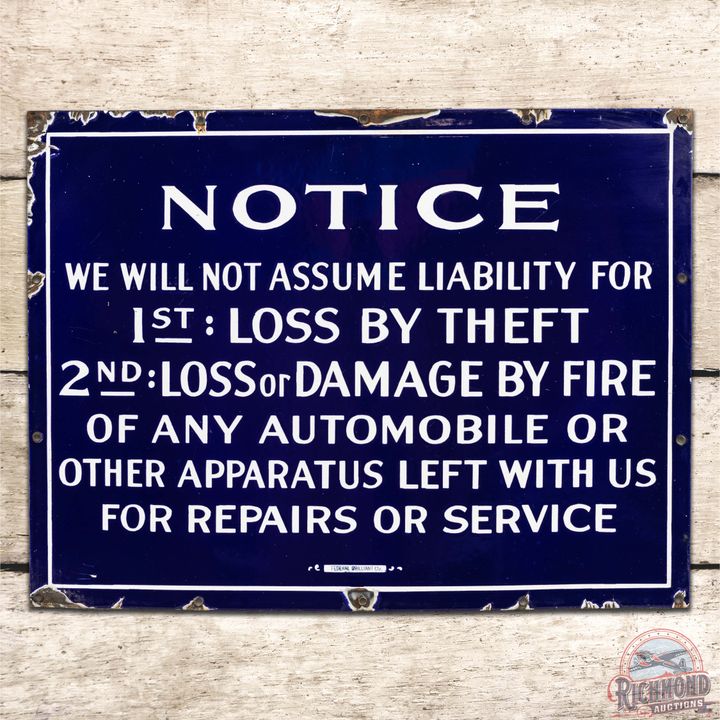 Notice Fire Theft Automobile SS Porcelain Sign