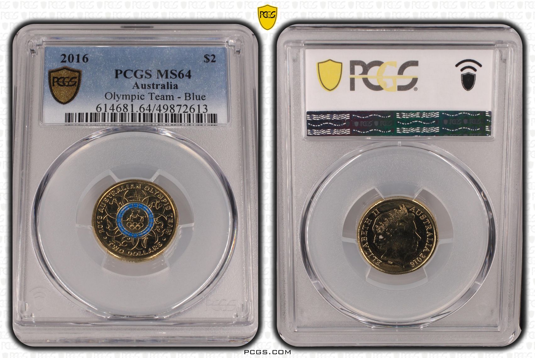 416 · Elizabeth II, Olympic Team - Blue , Two Dollar, 2016, PCGS MS64