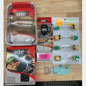 WEBER GLOVES , THERMOMETER , CORN HOLDERS & BOTTLE OPENERS
