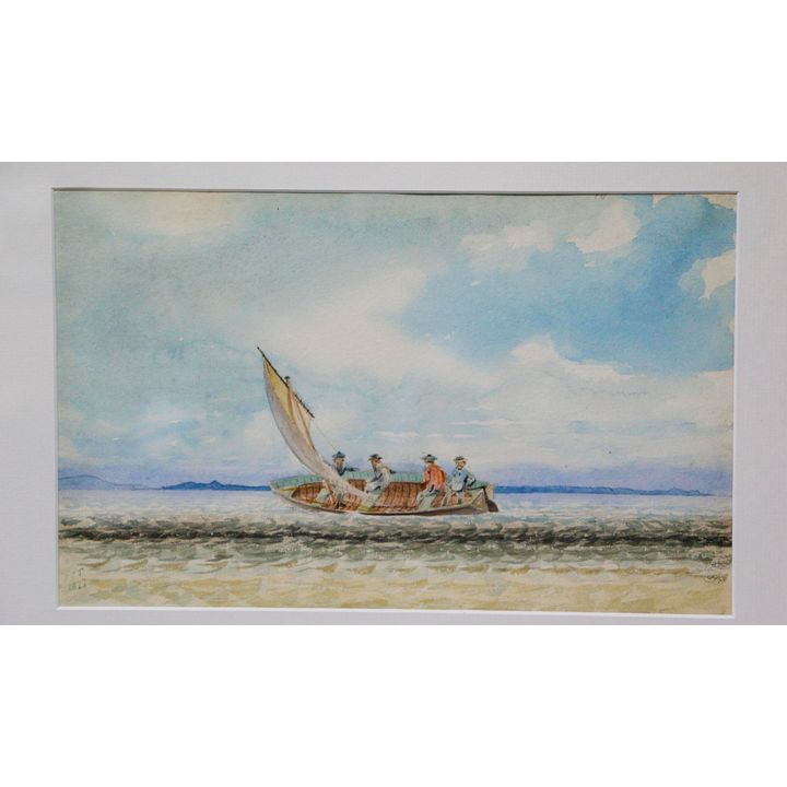 THOMSON, JOHN TURNBULL, Oreti Estuary with John Turnbull Thomson and three men in a small sail boat