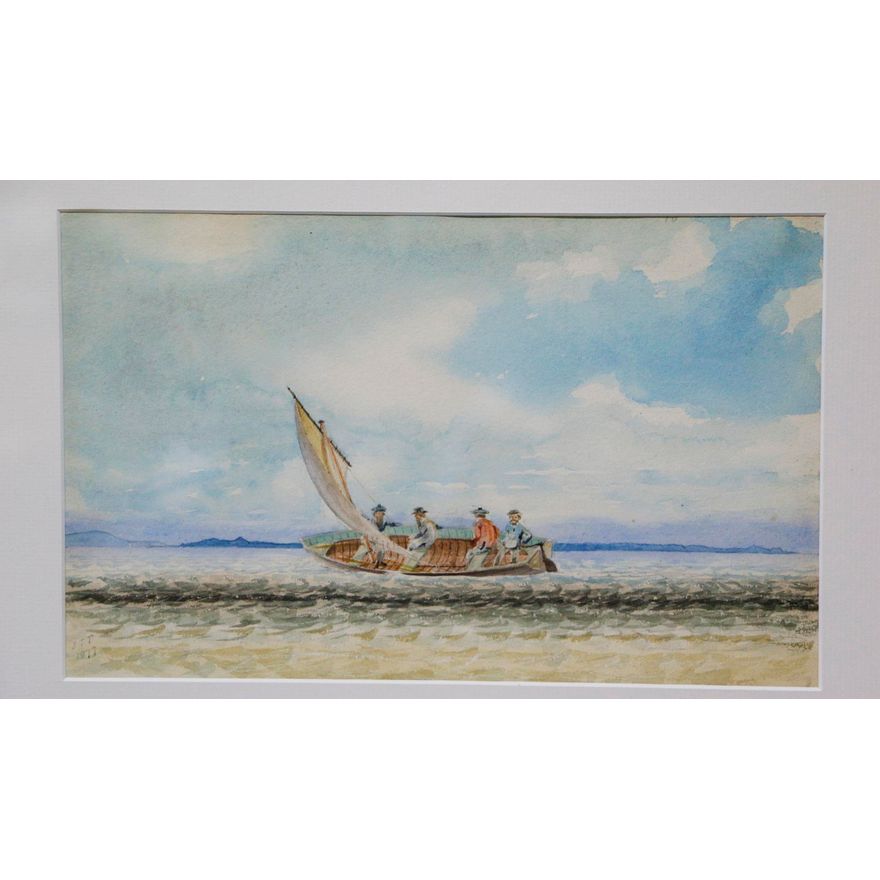 THOMSON, JOHN TURNBULL, Oreti Estuary with John Turnbull Thomson and three men in a small sail boat