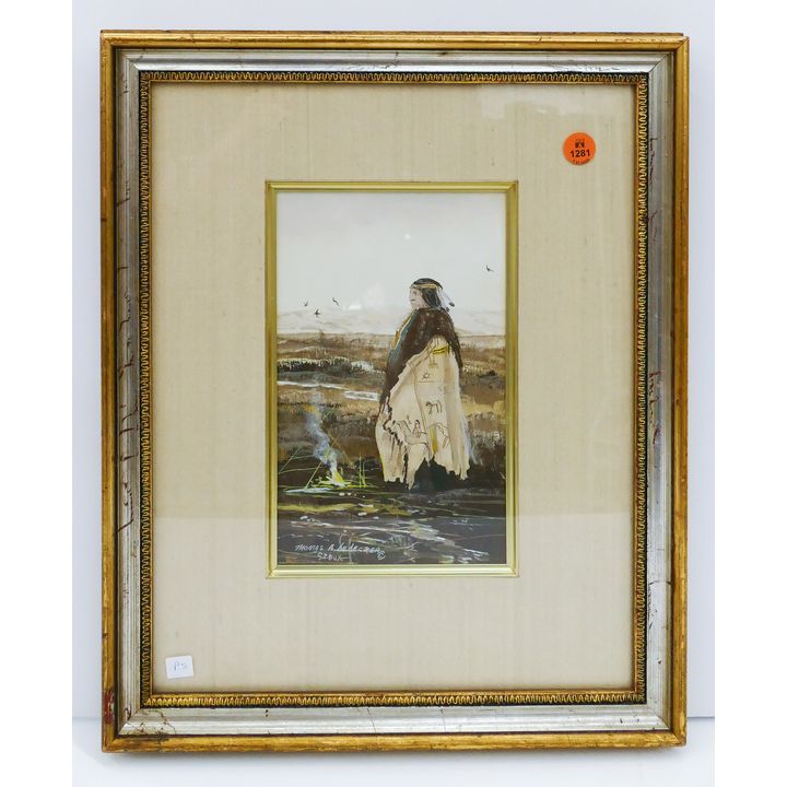 Thomas Dedecker Sioux Native Gouache Painting Framed- 17x14''