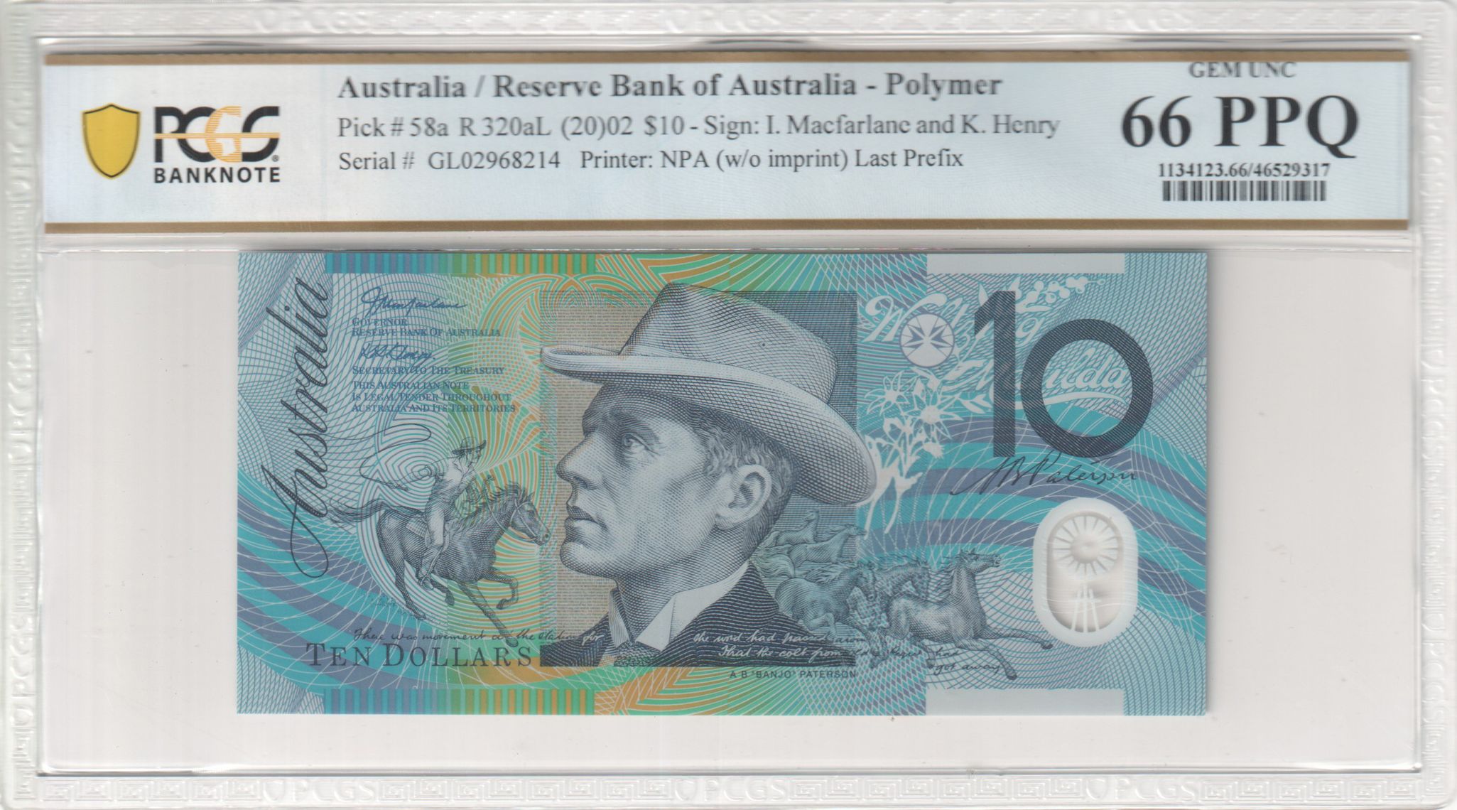 Macfarlane/Henry, Last Prefix, Ten Dollar, 2002, PCGS Gem UNC 66 PPQ