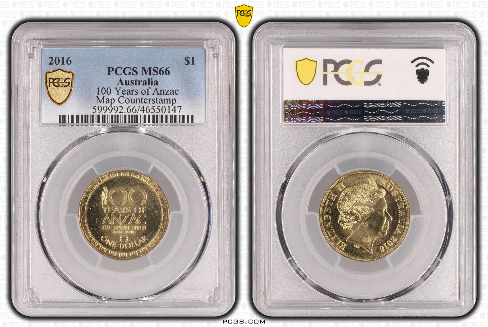 100 Years of Anzac, Map Counterstamp, One Dollar, 2016, PCGS MS66
