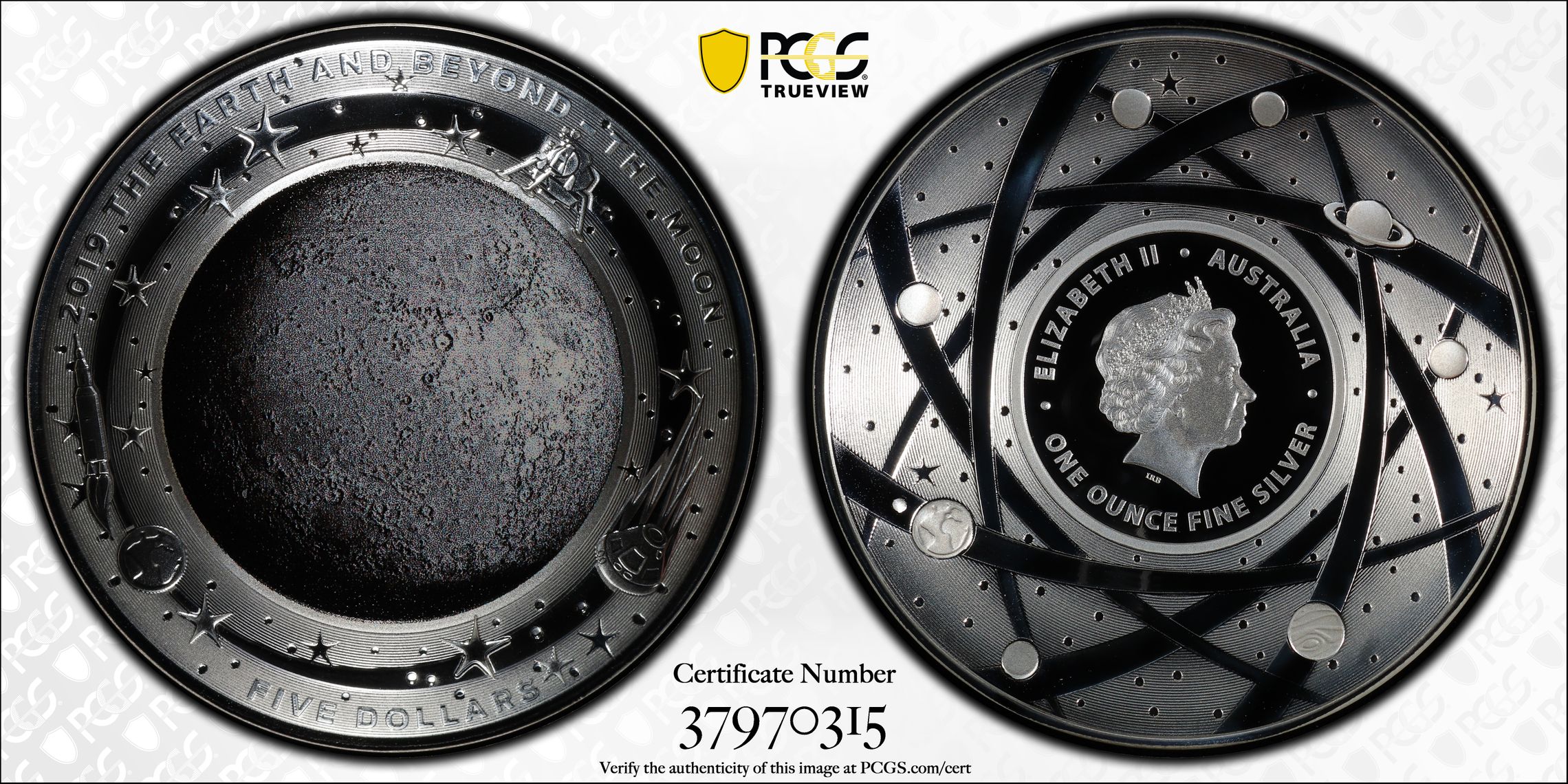 2019 Australia Five Dollar, $5 Silver Proof The Moon PCGS - PR70DCAM POP 19/0 -315