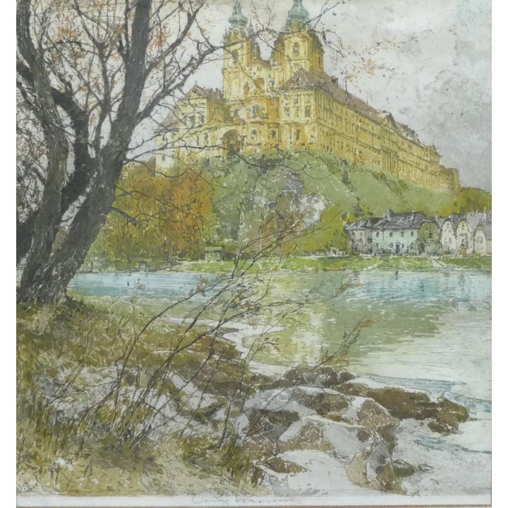 Luigi Kasimir ''Melk on the Danube'' Signed Etching Gilt Framed