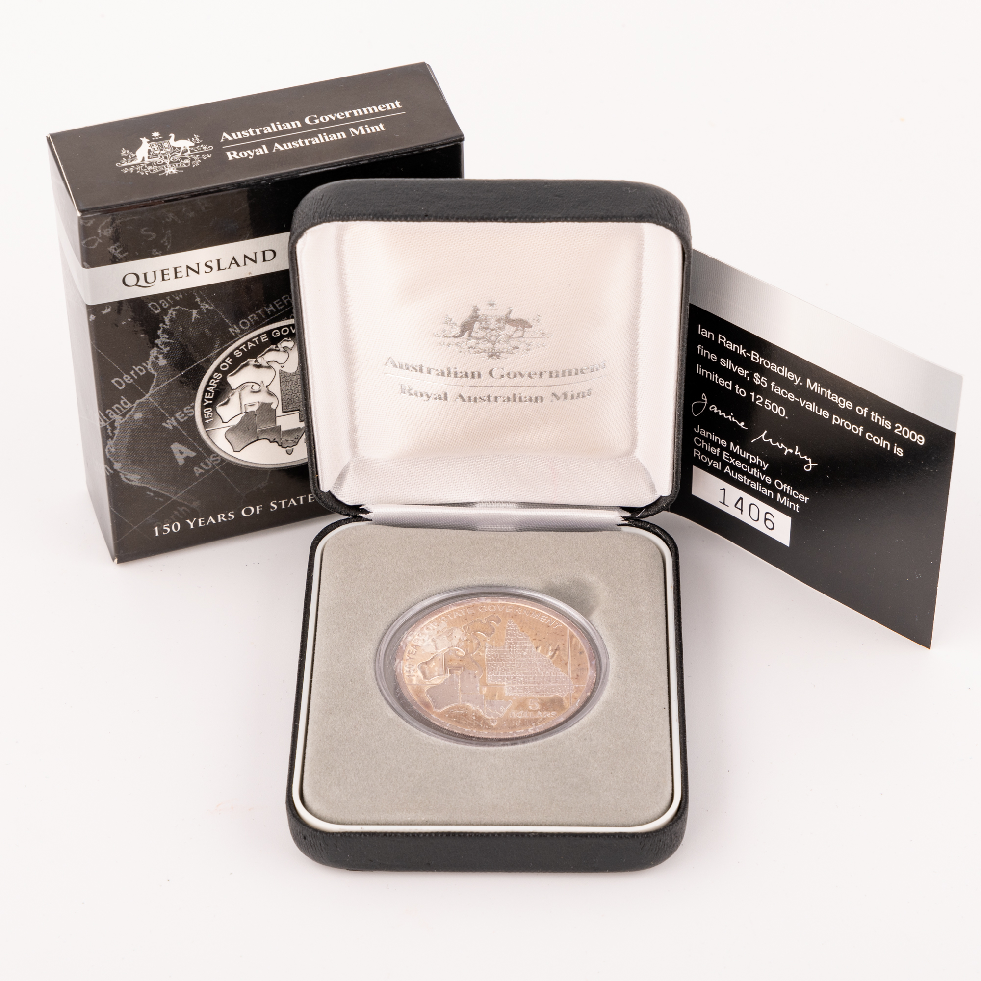 Elizabeth II, 150 Years of State Government: QLD Silver Proof Coin, Five Dollar, 2009,
