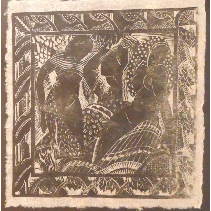 Vintage Polynesian Dancers Linocut Framed- 21x20''