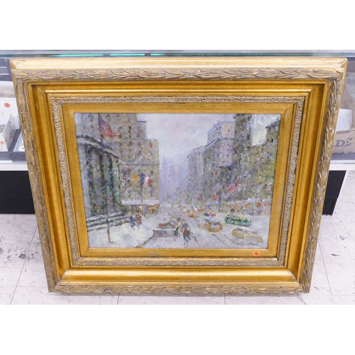 New York Street Scene Impressionist Oil Painting in Gallery Frame- 26x30''