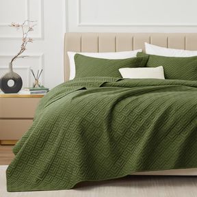 EXQ HOME QUILT SET TWIN SIZE FOREST GREEN 2 PIECE,LIGHTWEIGHT SOFT COVERLET MODERN STYLE SQUARES PATTERN BEDSPREAD SET(1 QUILT,1 P