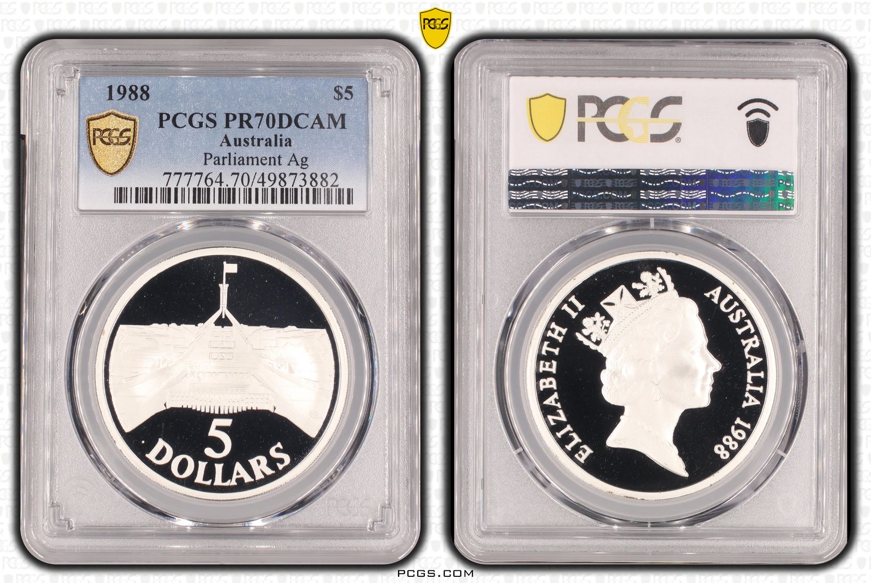 Parliament Ag POP 27/0, Five Dollar, 1988, PCGS PR70DCAM